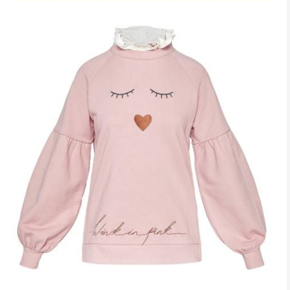 TED BAKER Dusty Pink Evliin Logo Frill Sweatshirt "Wink In Pink" Size 2 US - Picture 2 of 16
